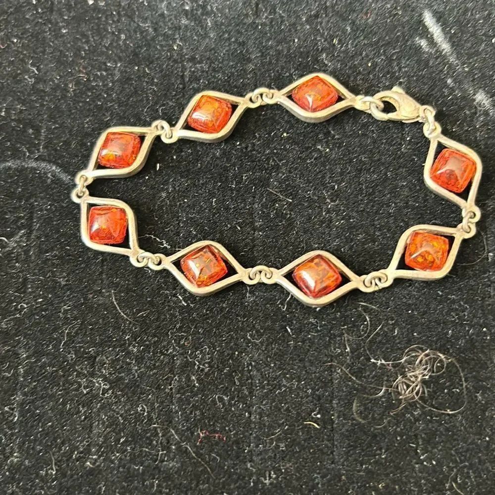 Vintage Amber Silver Bracelet jewel accessory Fossil charm stone diamond design